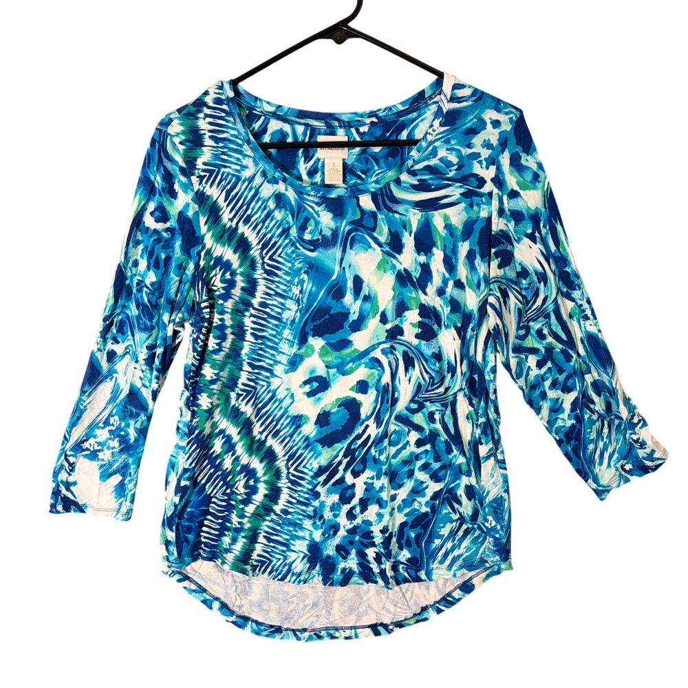 Chicos Womens Shirt Blue White Abstract 3/4 Sleeve Scoop Neck Stretch 1 (M)
